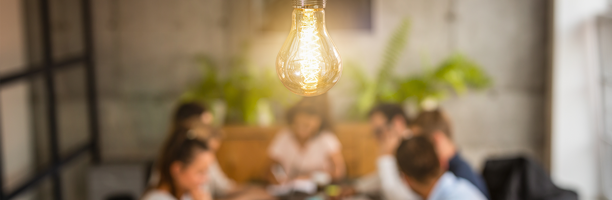 A bird's-eye view of a lightbulb in sharp focus above a muted table full of people.