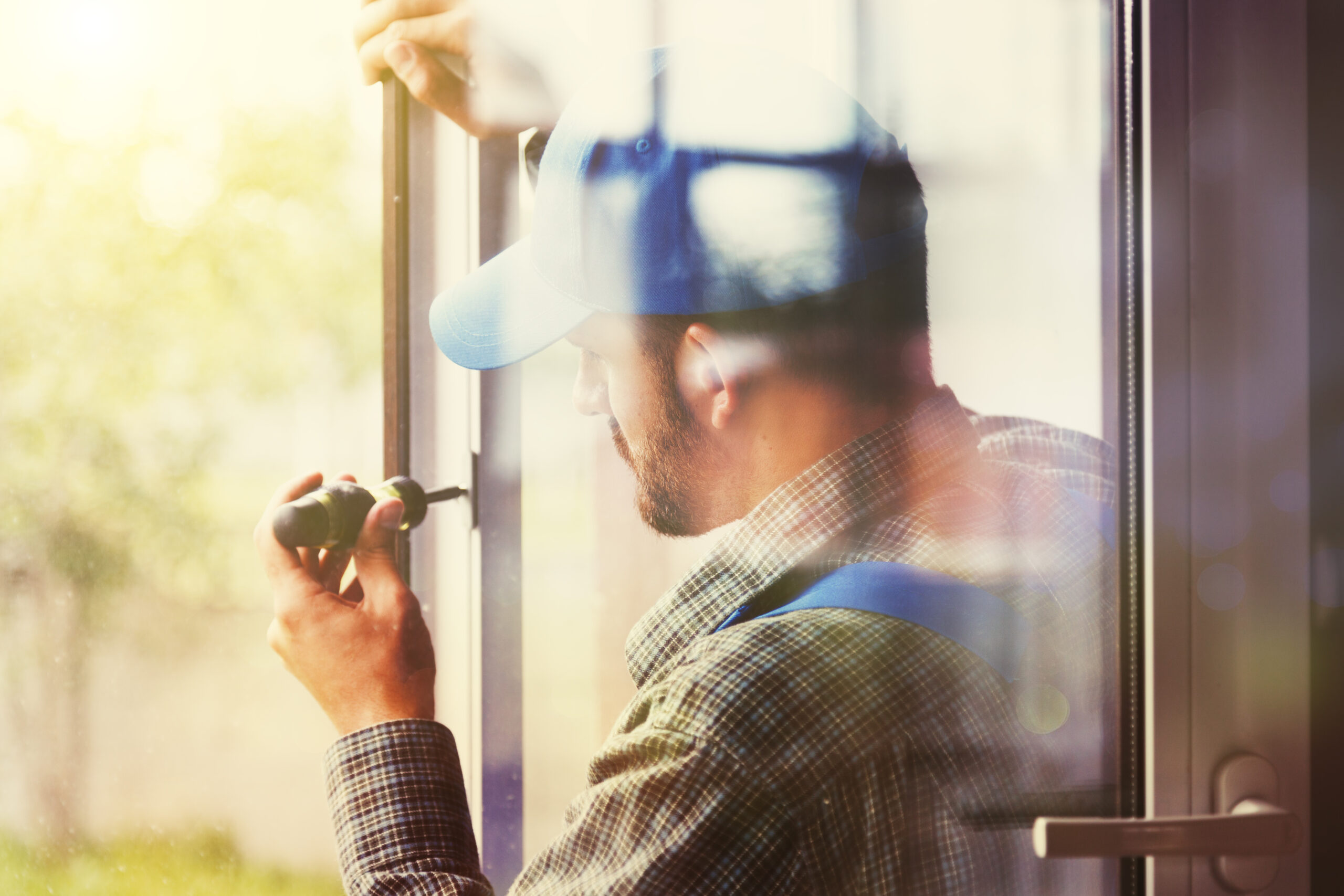 Man using a screwdriver to fix a door.