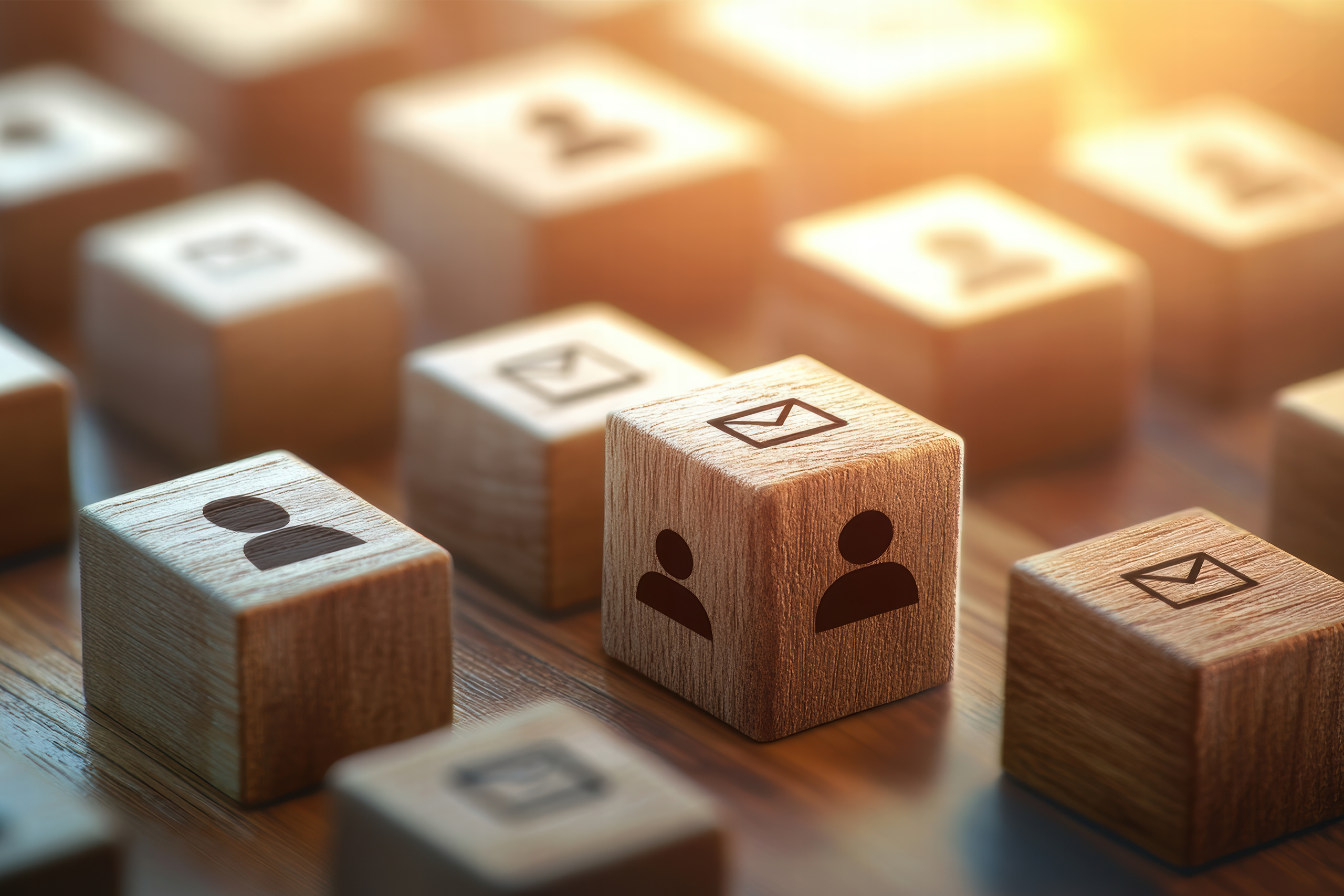 Wooden dice with blocky head and shoulder and envelope images on a table.