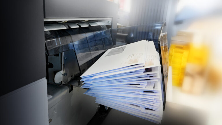 A close-up of a machine processing a stack of white envelopes, some with visible address windows, highlighting how automated systems can help reduce direct mail mistakes in office or industrial settings.