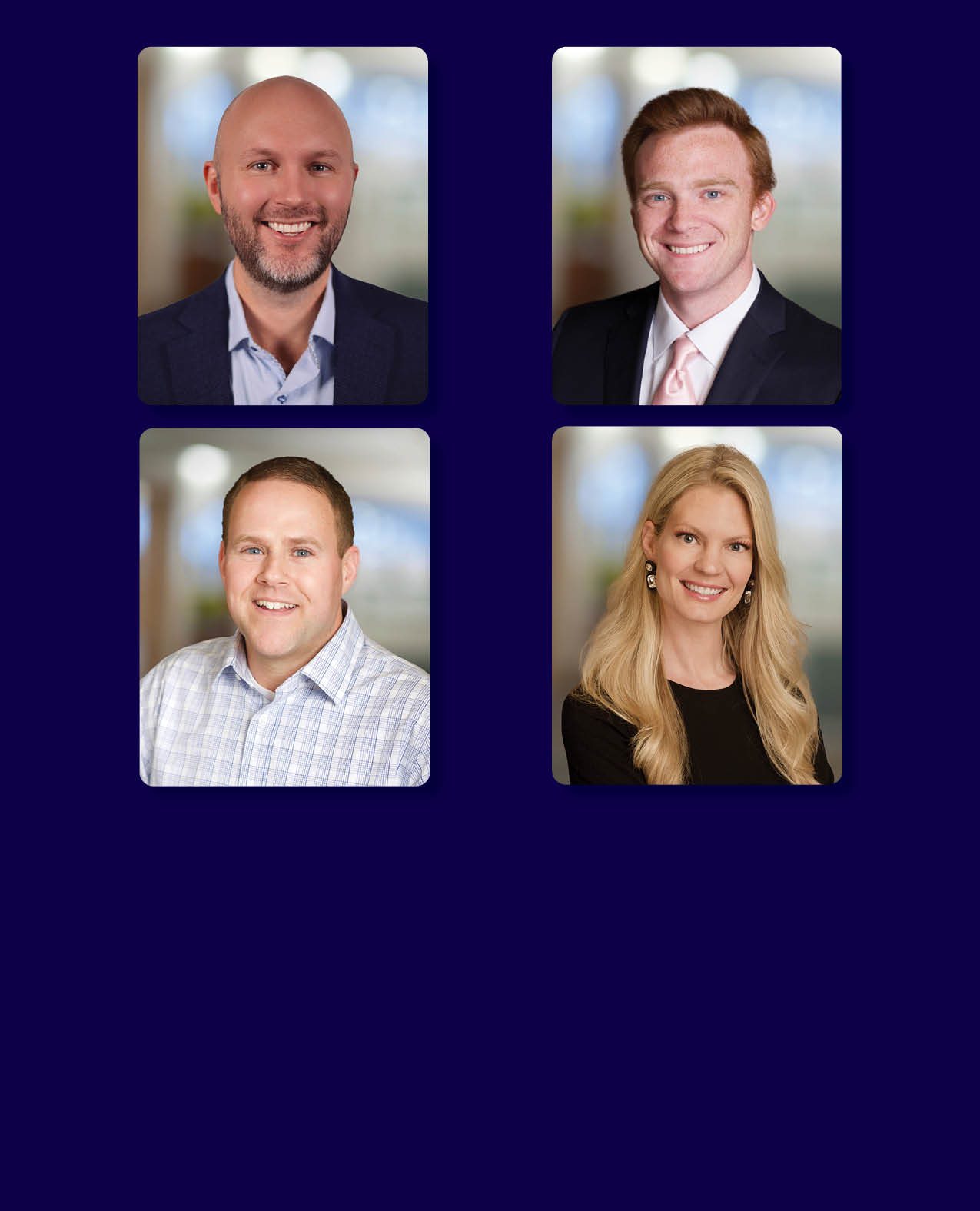 Headshots of 4 employees set on a navy blue box background.