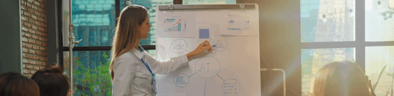 A woman in a white shirt presents data and diagrams about AI and direct mail strategy on a flip chart to a group in a modern office with large windows.